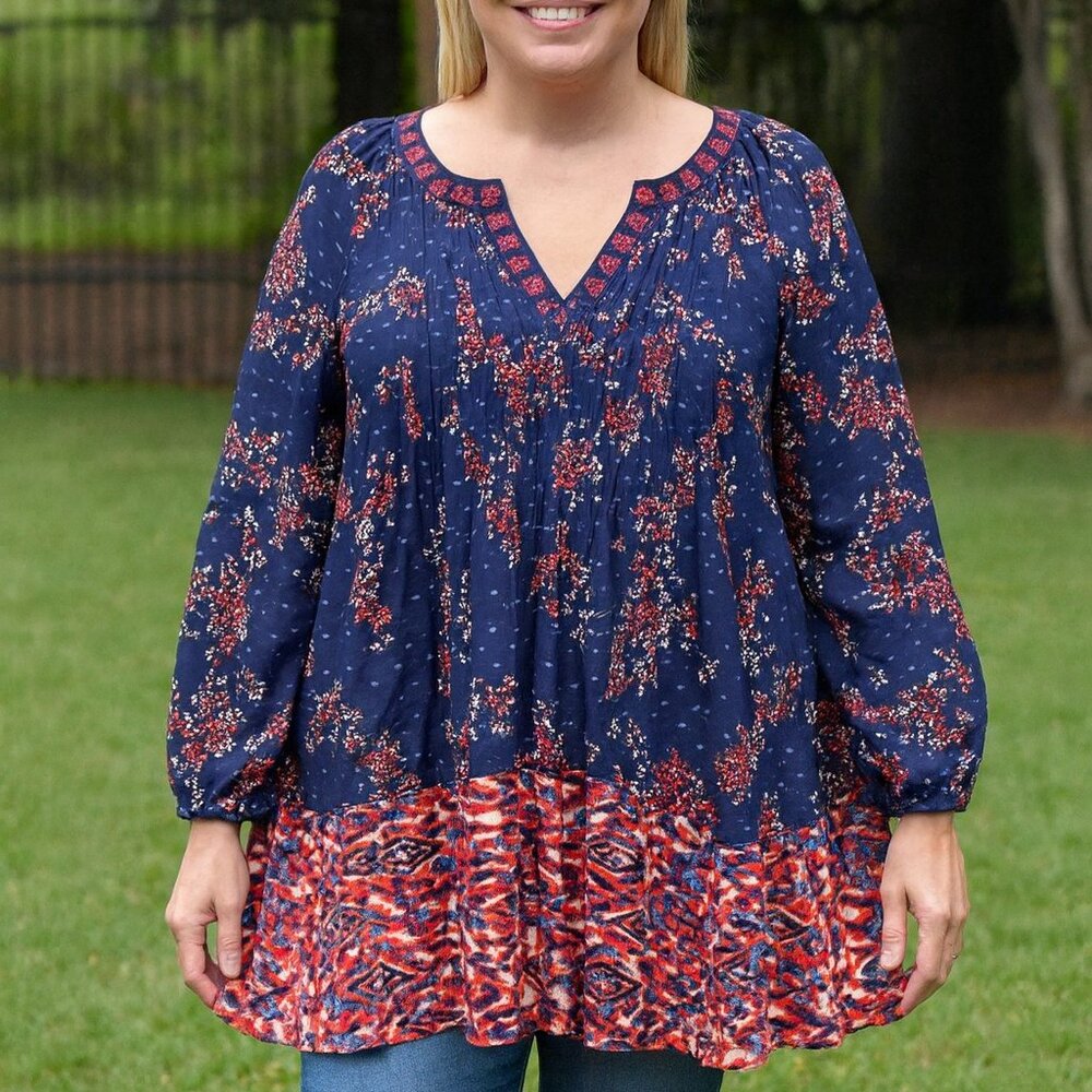 Boho Peasant Tunic Blouse Navy Red Floral Print Long Sleeve Women's Size‎ XXL